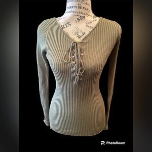 Derek Heart Olive Green Ribbed Tie Sweater